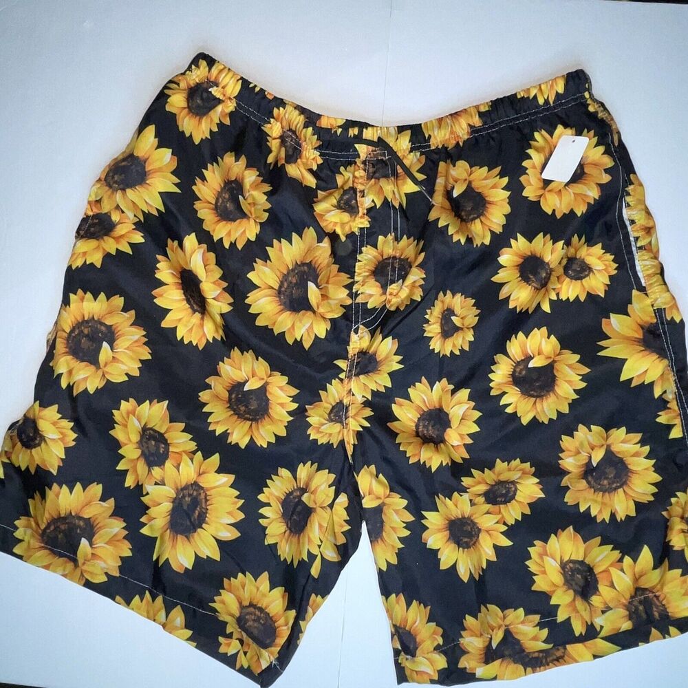 Mens Sunflower Print Beach Board Shorts Swim Beach Trunks Classic Pockets Sz XXL